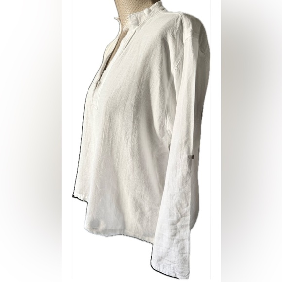 Organic Linen Cotton Blend Boho White Relaxed Fit Shirt | Adjustable Sleeves - Picture 8 of 11